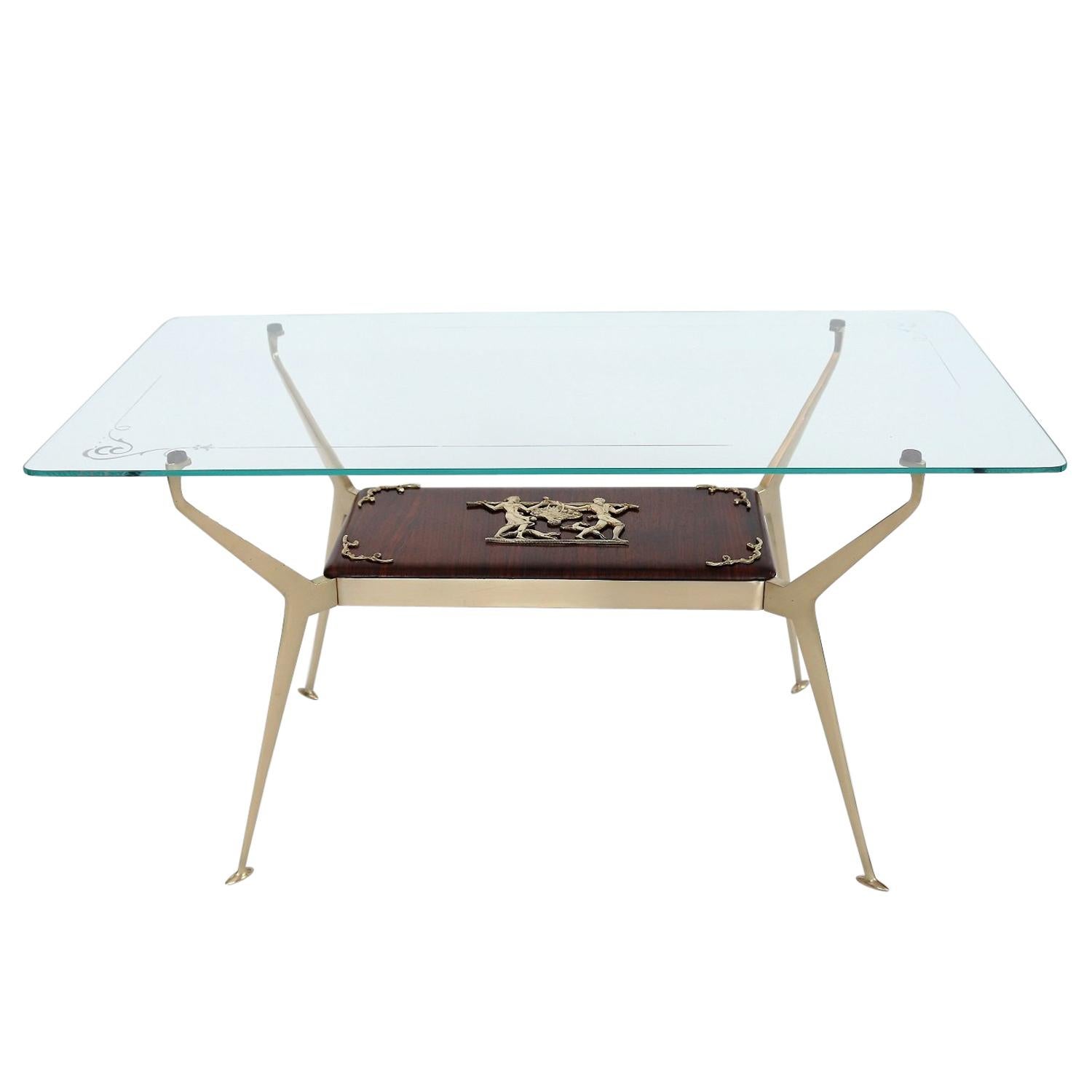 Table basse ou table d'appoint italienne du milieu du siècle dernier en laiton et acajou, années 1950