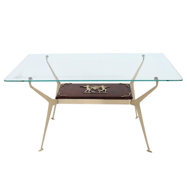Italian Midcentury Coffee Table or Side Table with Brass and Mahogany, 1950s For Sale