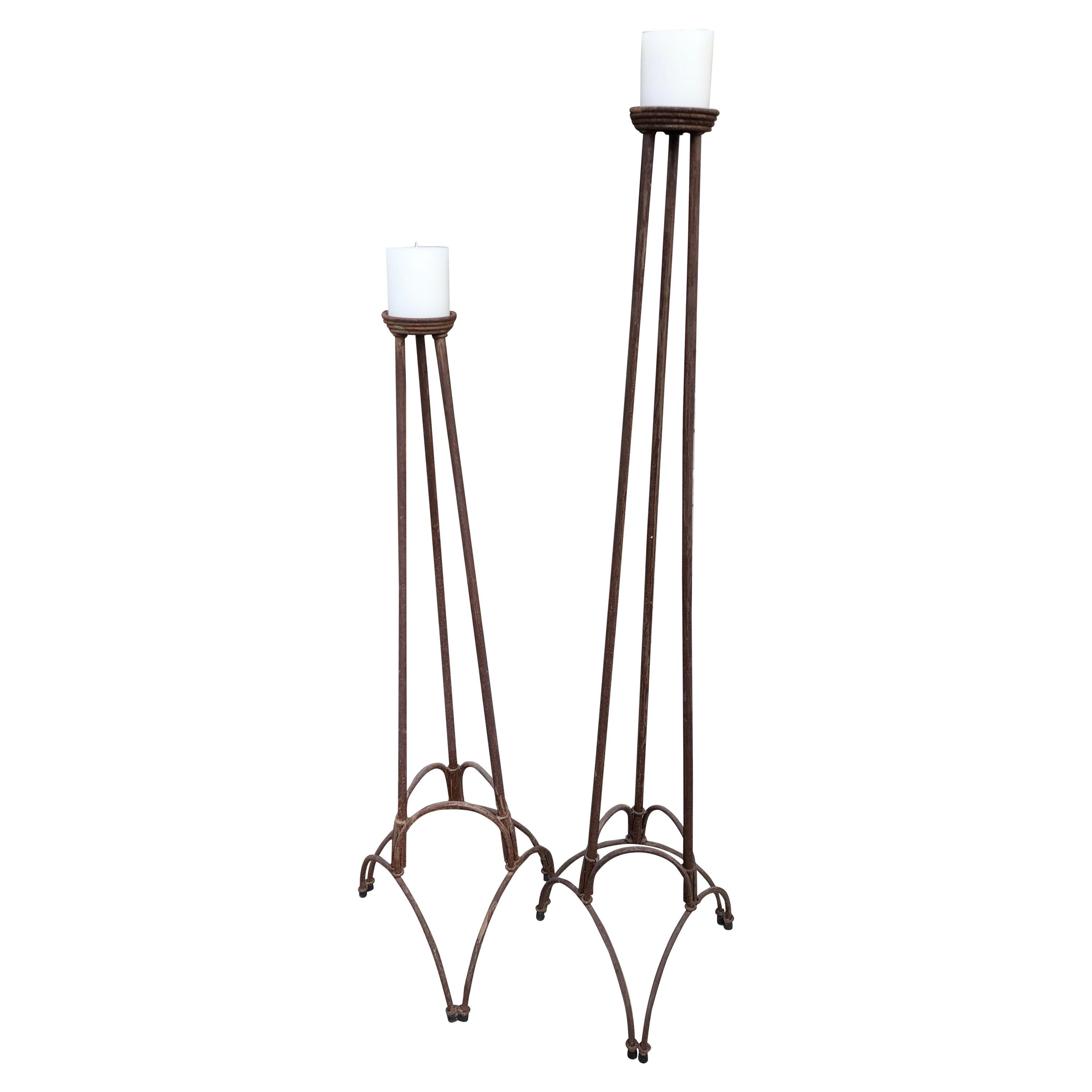 Pair of Early Forged Iron Standing Floor Candelabras 