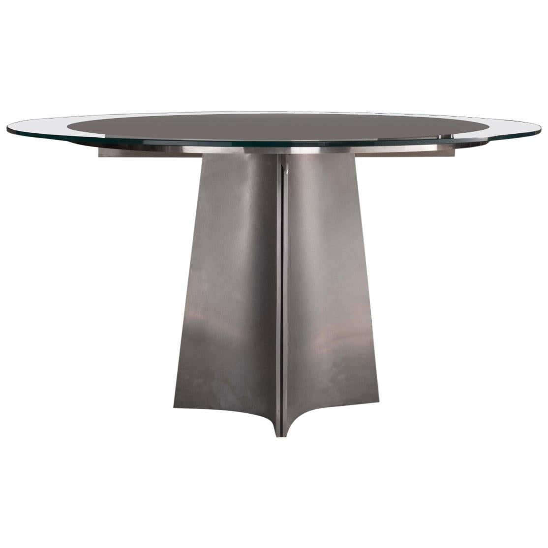 Minimalist Steel and Glass Round Dining Table Attributed to Maison Jansen