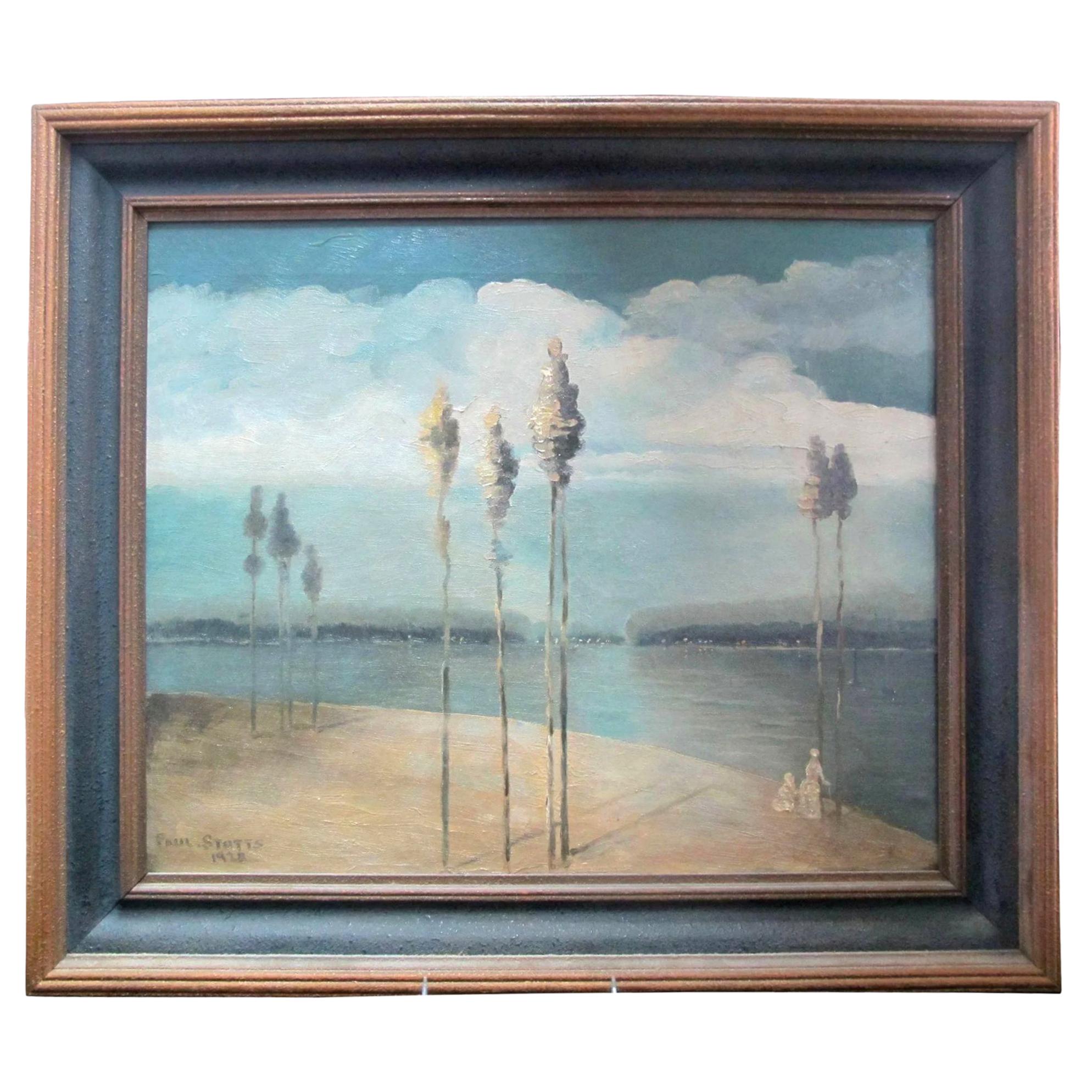 Paul Stotts circa 1928 Signed Original Coastal Trees Oil Painting Woman & Child For Sale