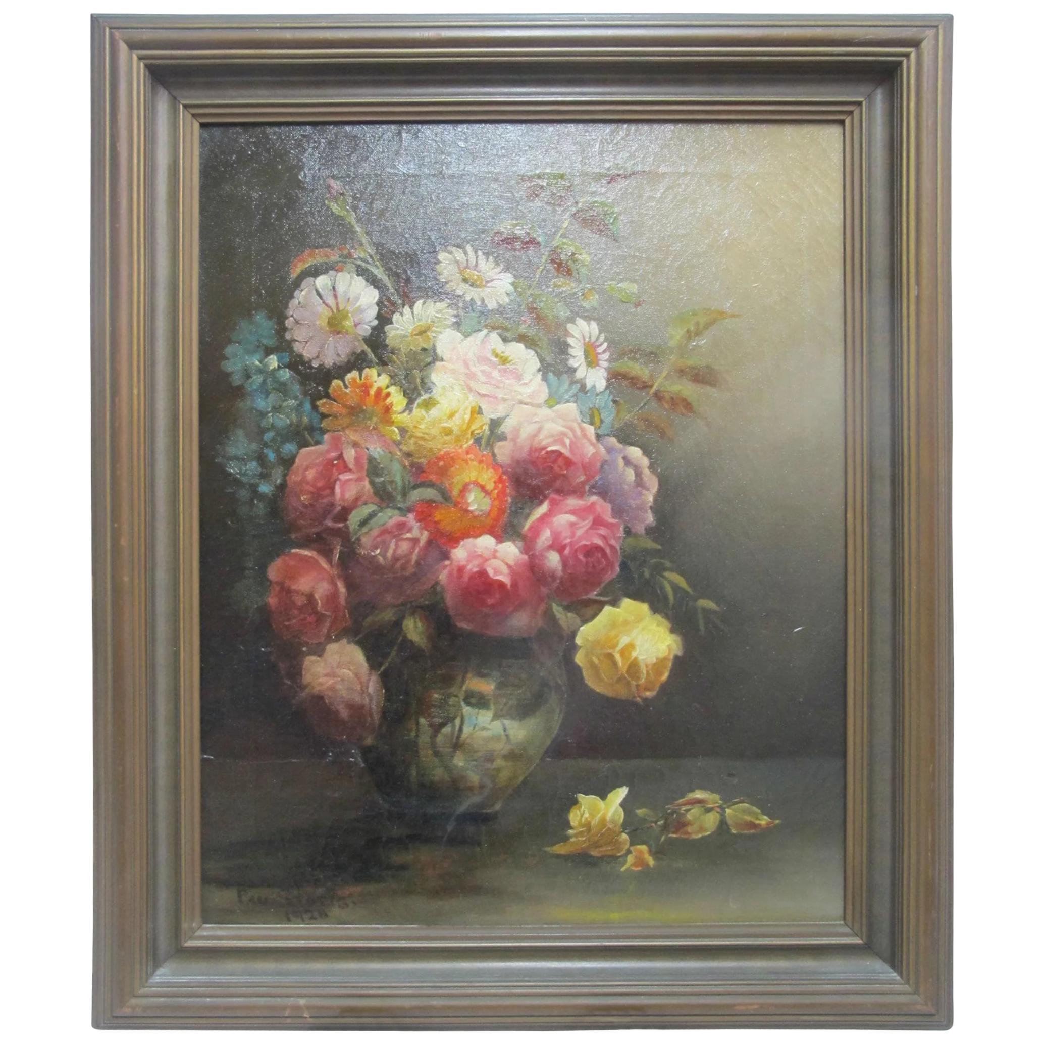 Paul Stotts circa 1928 Framed Signed Oil Painting Still Life of Flowers in Vase For Sale