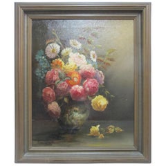 Antique Paul Stotts circa 1928 Framed Signed Oil Painting Still Life of Flowers in Vase