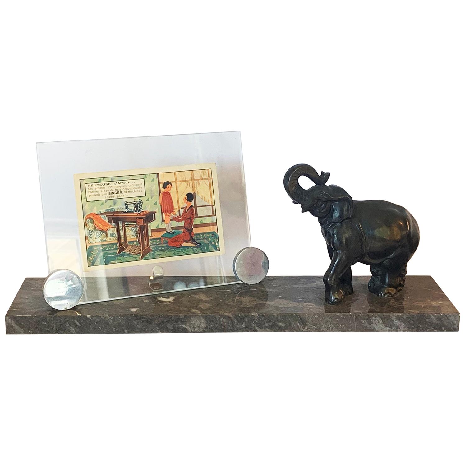 French Art Deco Marble Photo Picture Frame with an Elephant