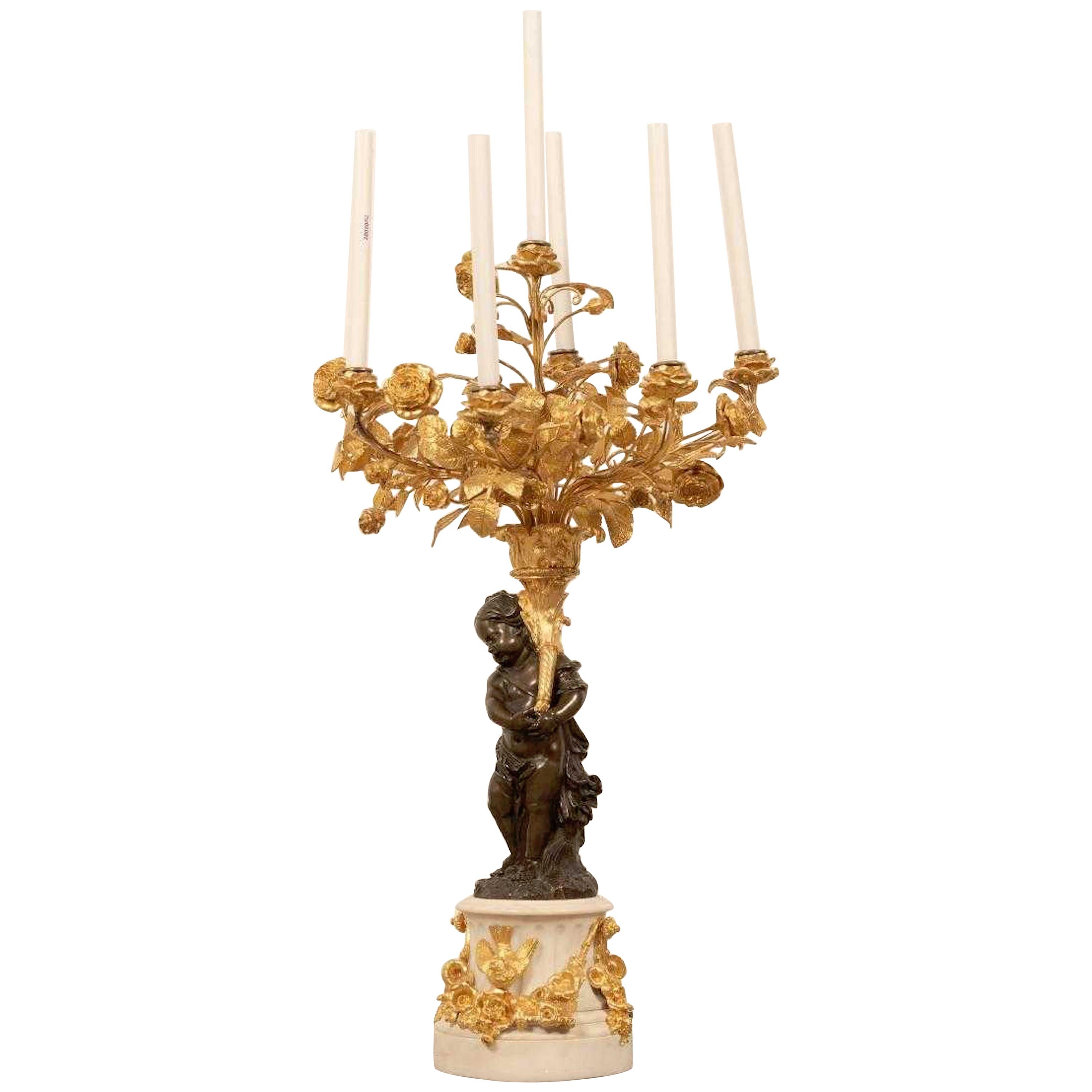 Monumental Single Louis XVI Style Ormolu and Patinated Seven-Light Candelabra For Sale