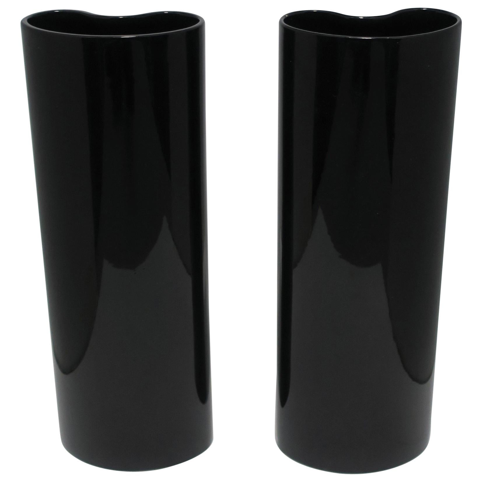 Black High Gloss Vases Organic Modern Euro '90s, Pair