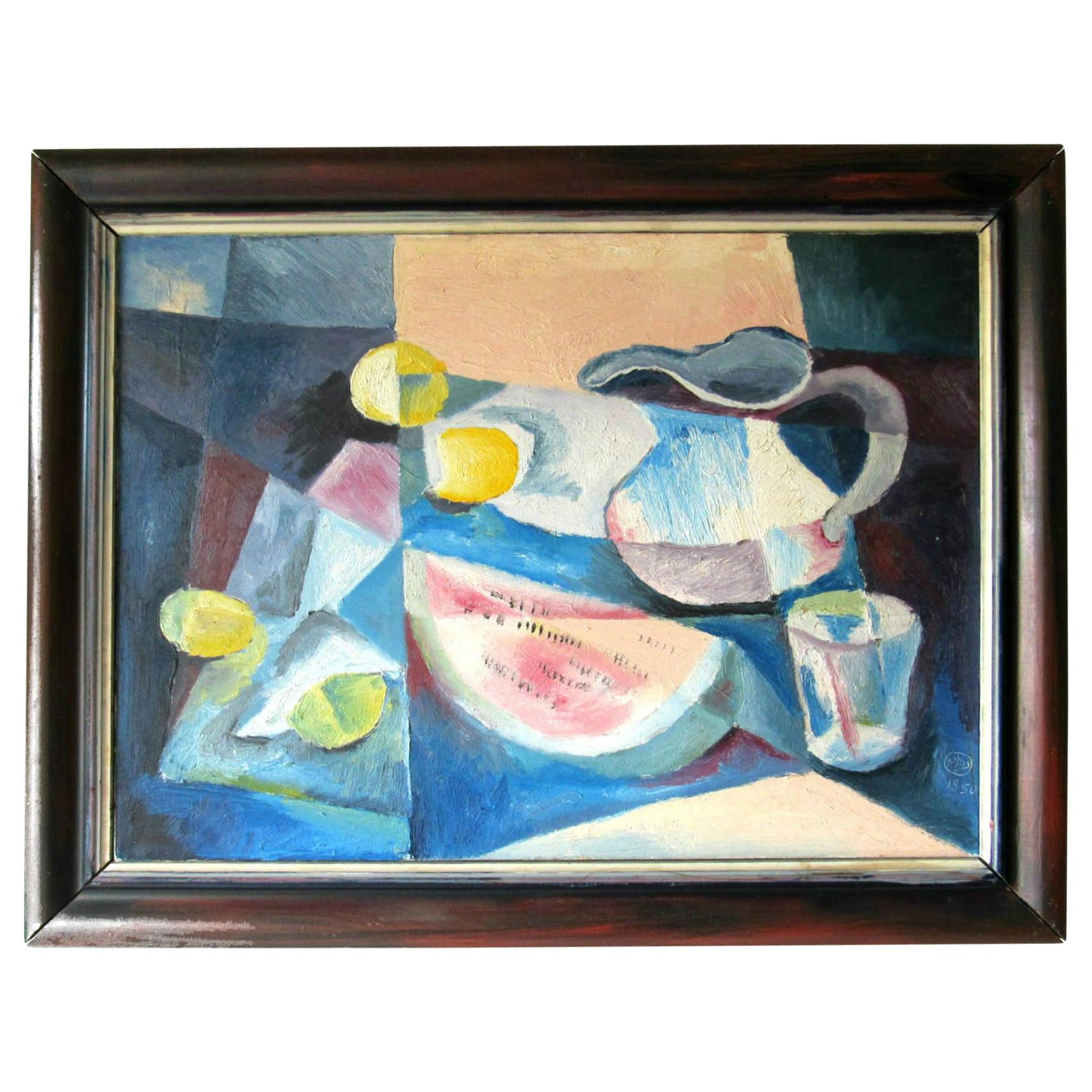 Cubist Oil Painting Signed Dahlquist circa 1950 For Sale