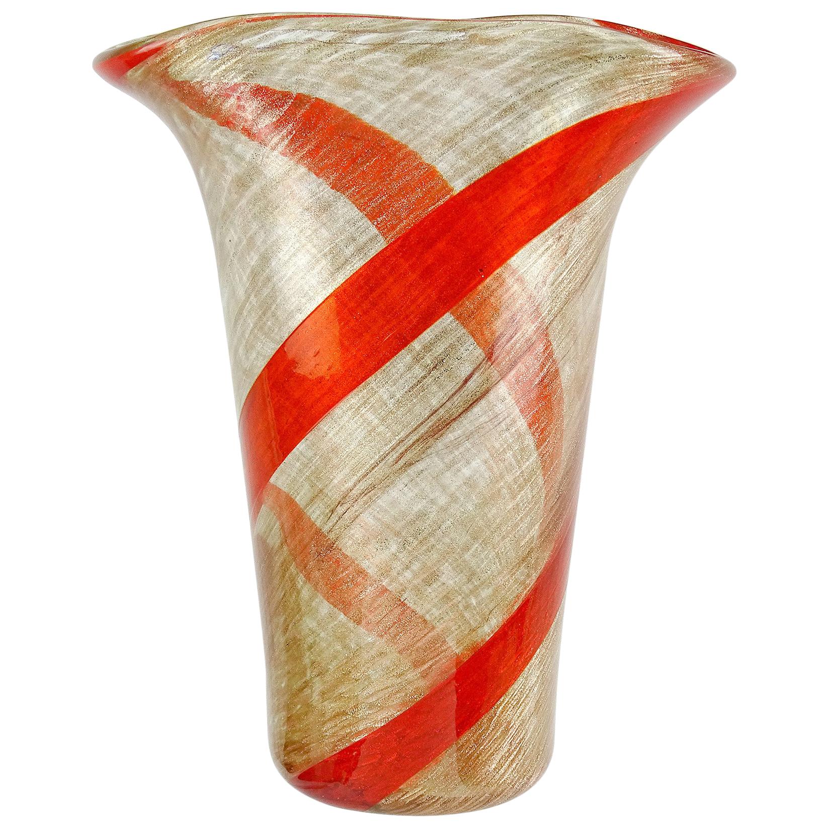 Fratelli Toso Murano Red Orange Stripe Aventurine Italian Art Glass Flower Vase