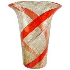 Fratelli Toso Murano Red Orange Stripe Aventurine Italian Art Glass Flower Vase
