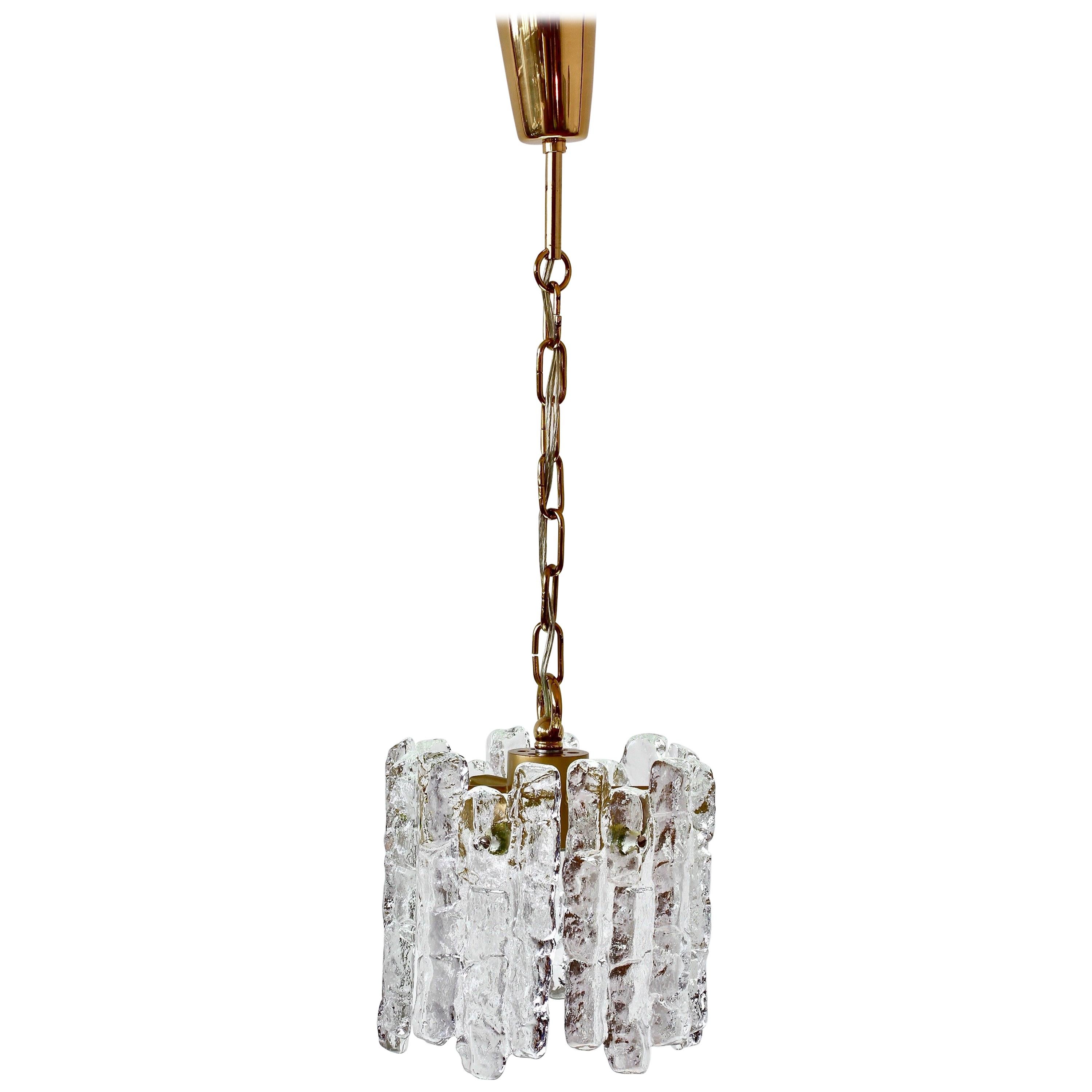 Mid-Century Kalmar Ice Crystal Glass and Brass Pendant Light or Chandelier 1960s