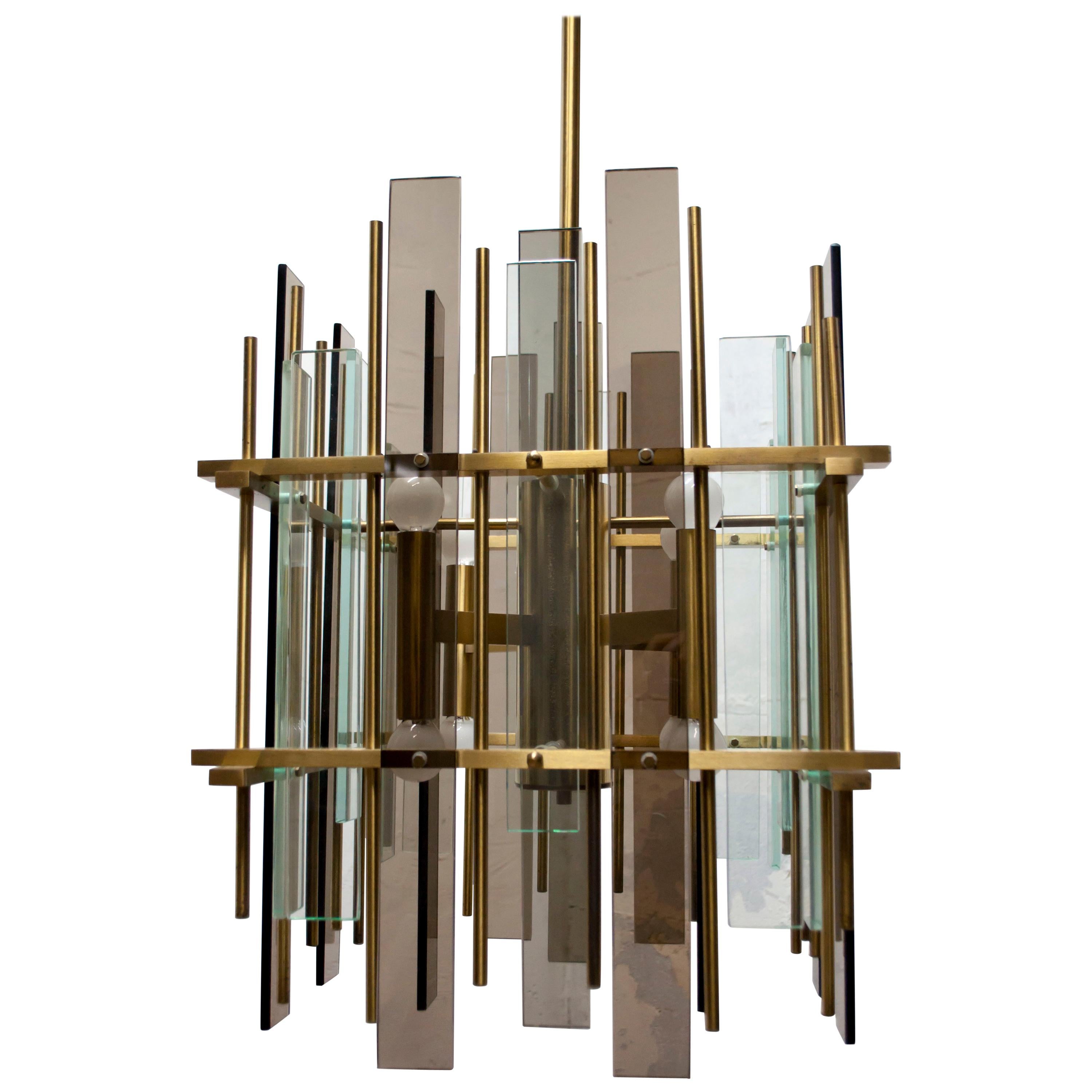 After Fontana Arte Mid-Century Modern Brass and Glass Italian Chandelier, 1970s
