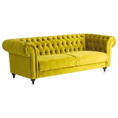 Green Velvet and Black Wooden Feet Chesterfield Sofa