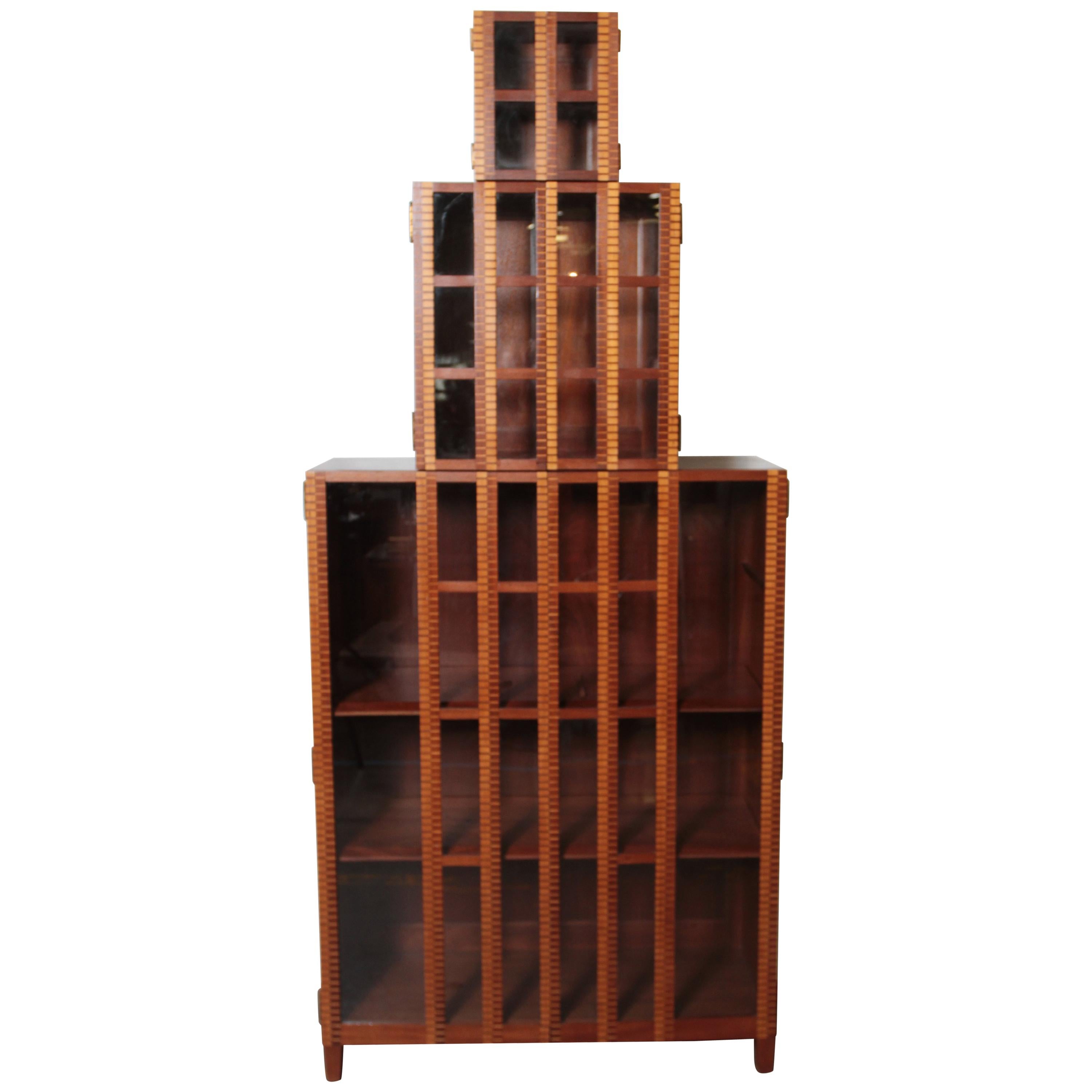 Art Deco Skyscraper Marquetry Bookcase Display Storage Cabinet, Three-Piece For Sale