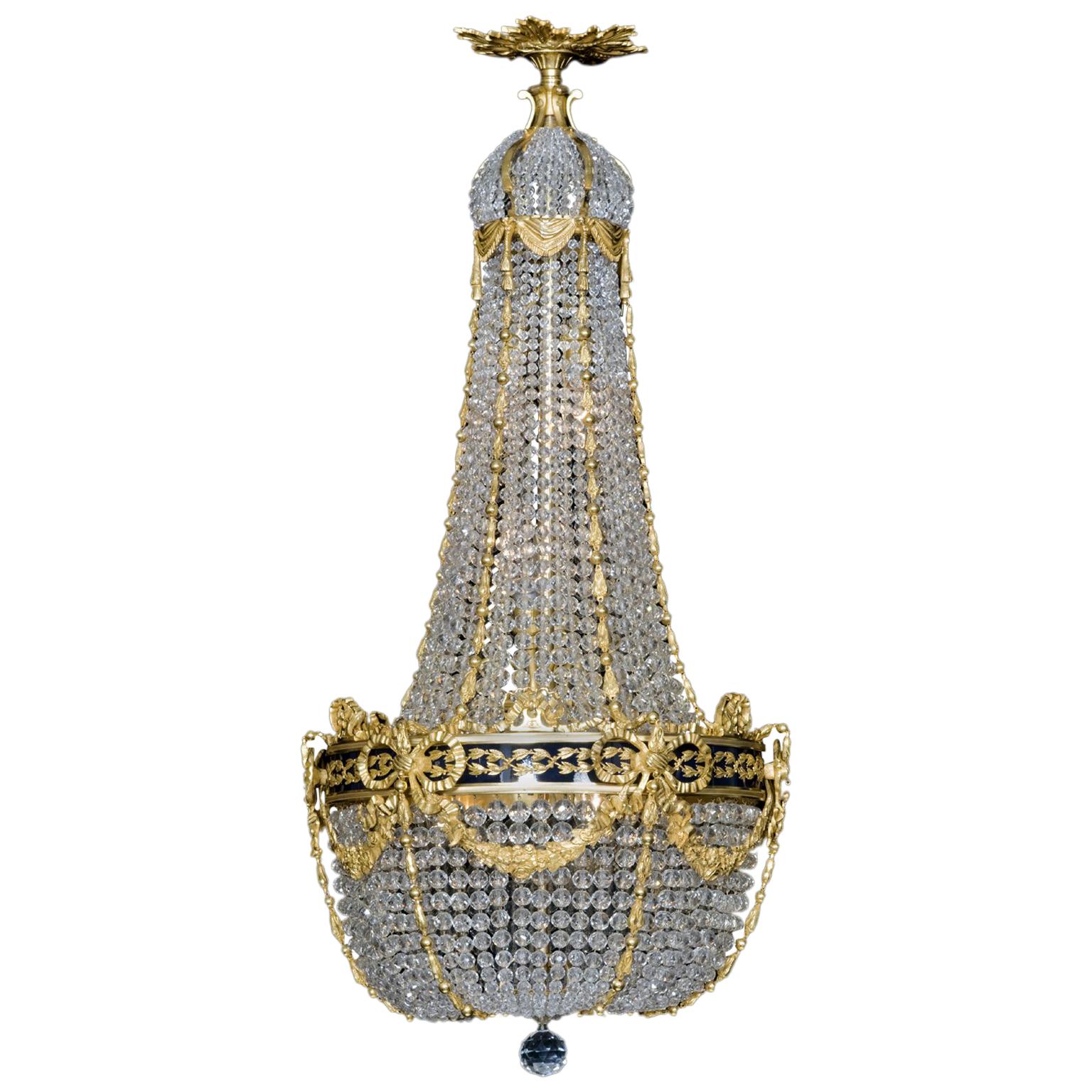 Cut-Crystal Tent and Bag Chandelier with an Enamel Band, circa 1880 For Sale