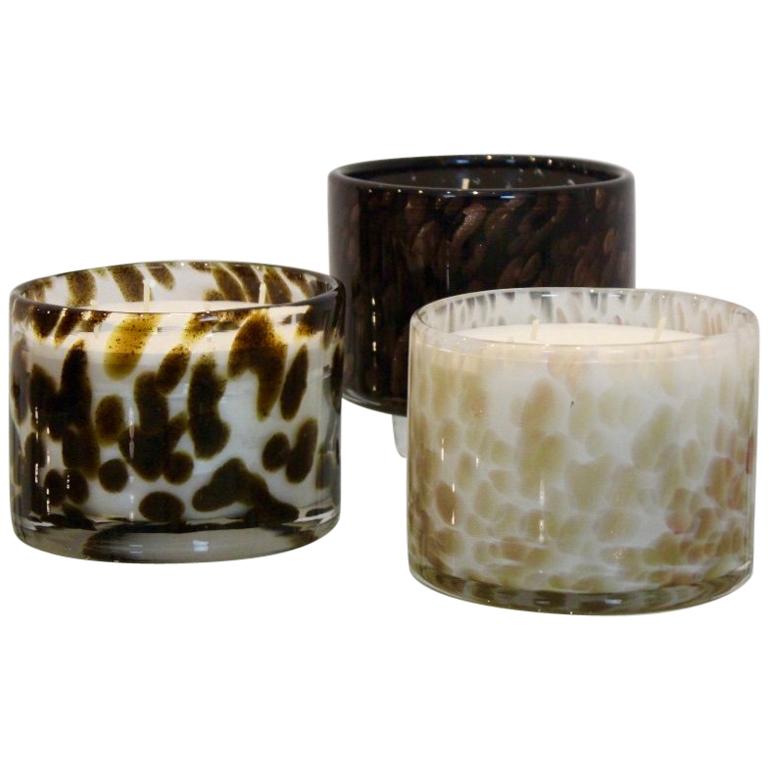 Artisan Set of Hand Blown Leopard Glass Candleholders with Natural Candlewax For Sale