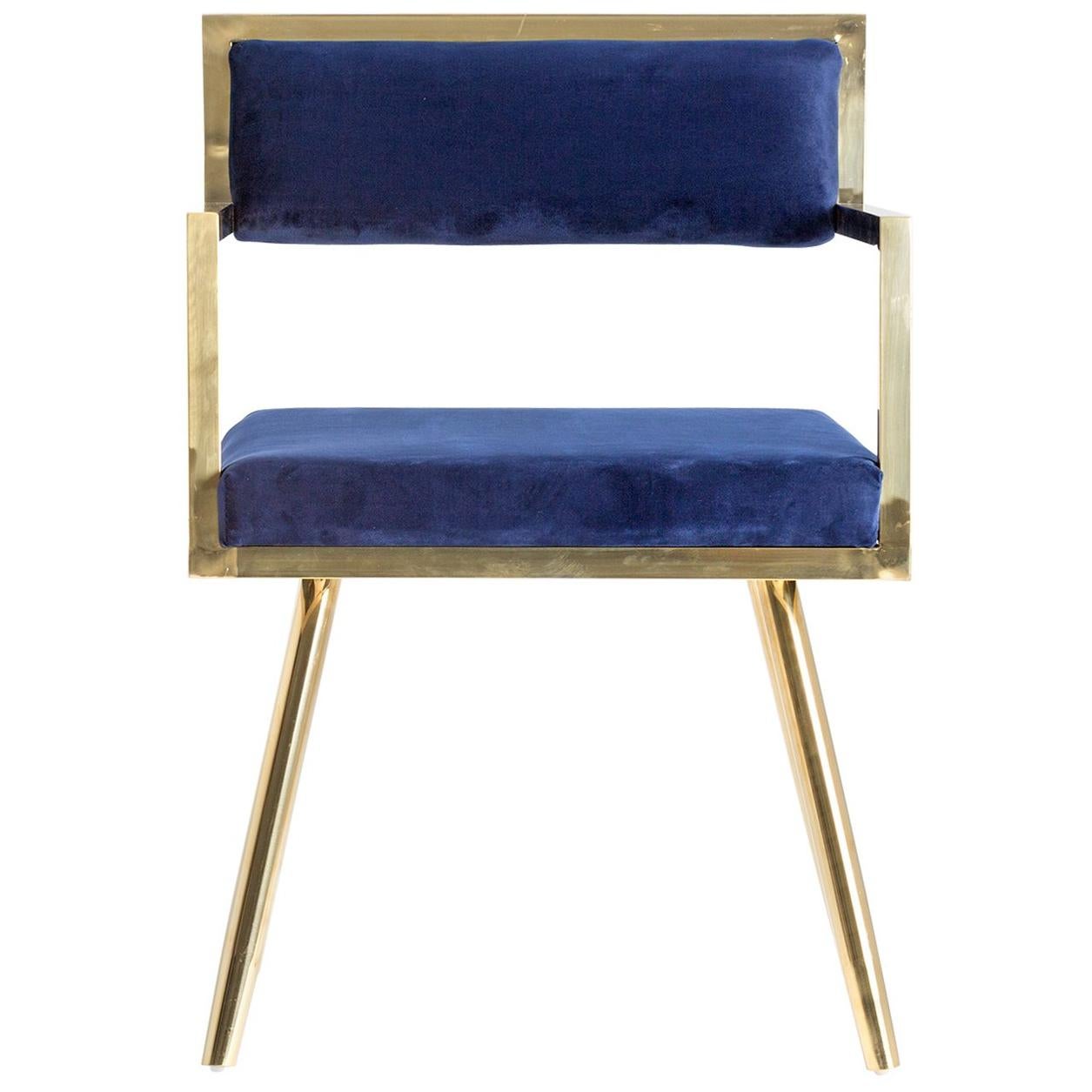 Set of Six Dining Armchairs in Deep Blue Velvet and Gilded Metal