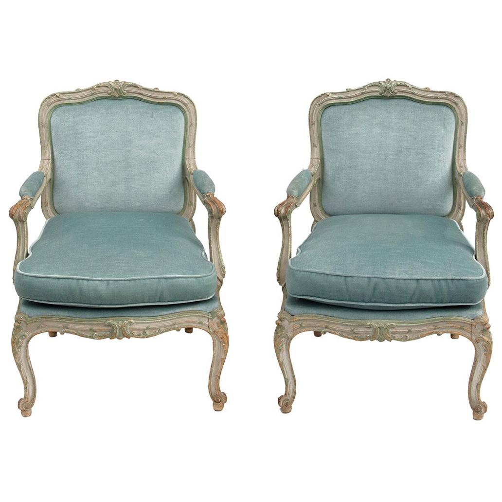 Pair of Louis XV Style Armchairs à Châssis, Blue Velvet, 1900 Period