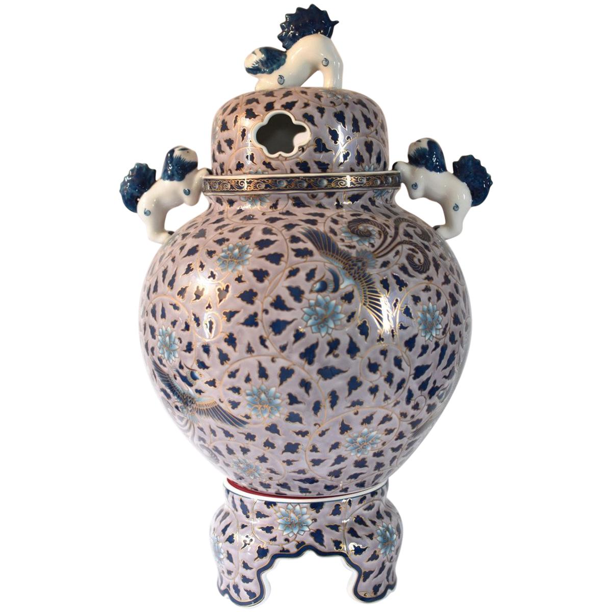 Japanese Purple Blue Three-Piece Lidded Porcelain Jar by Master Artist