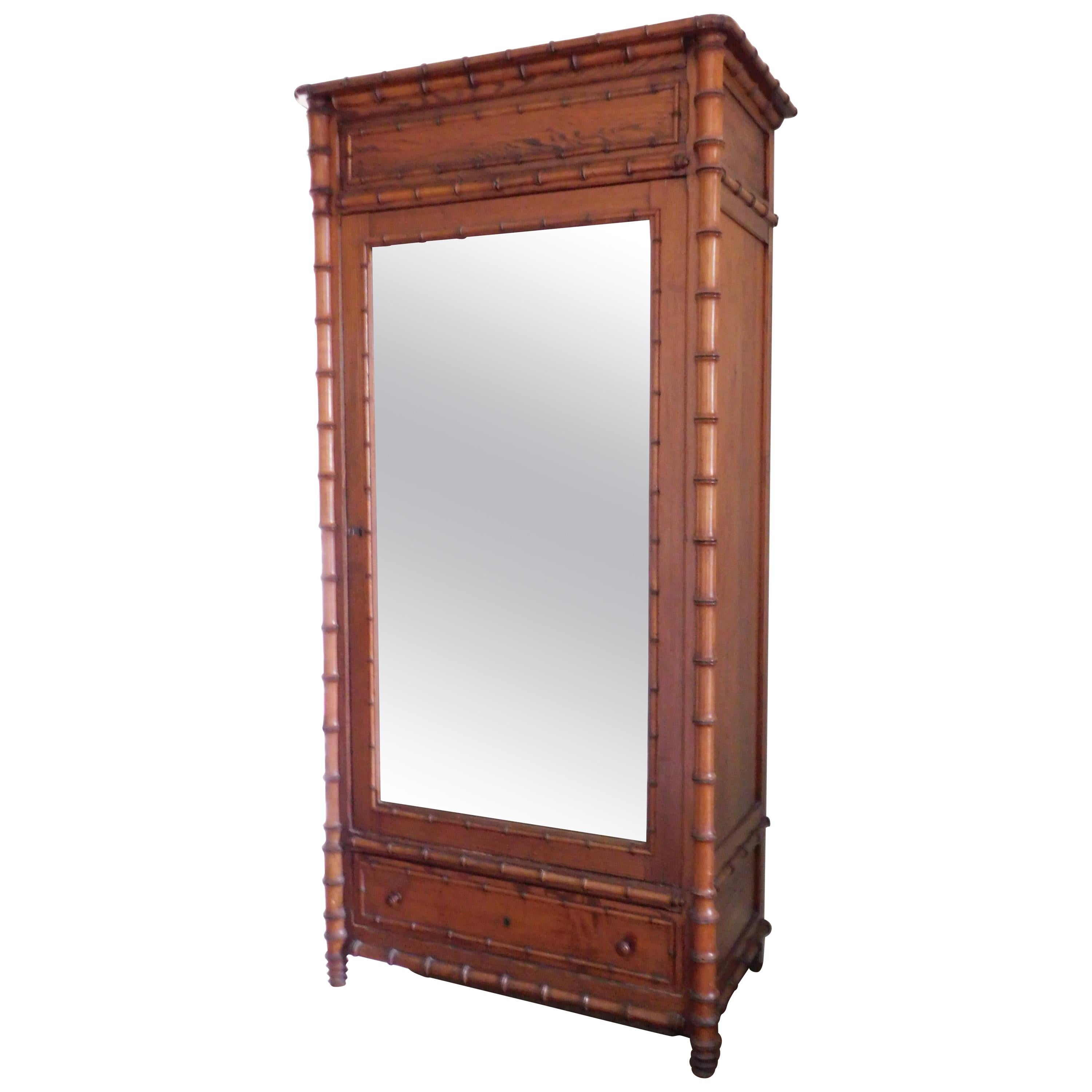 French 19th Century Faux Bamboo Cabinet with Mirrored Door For Sale