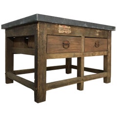 Vintage Industrial Pine Printers Table Zinc Top Kitchen Island Worktable