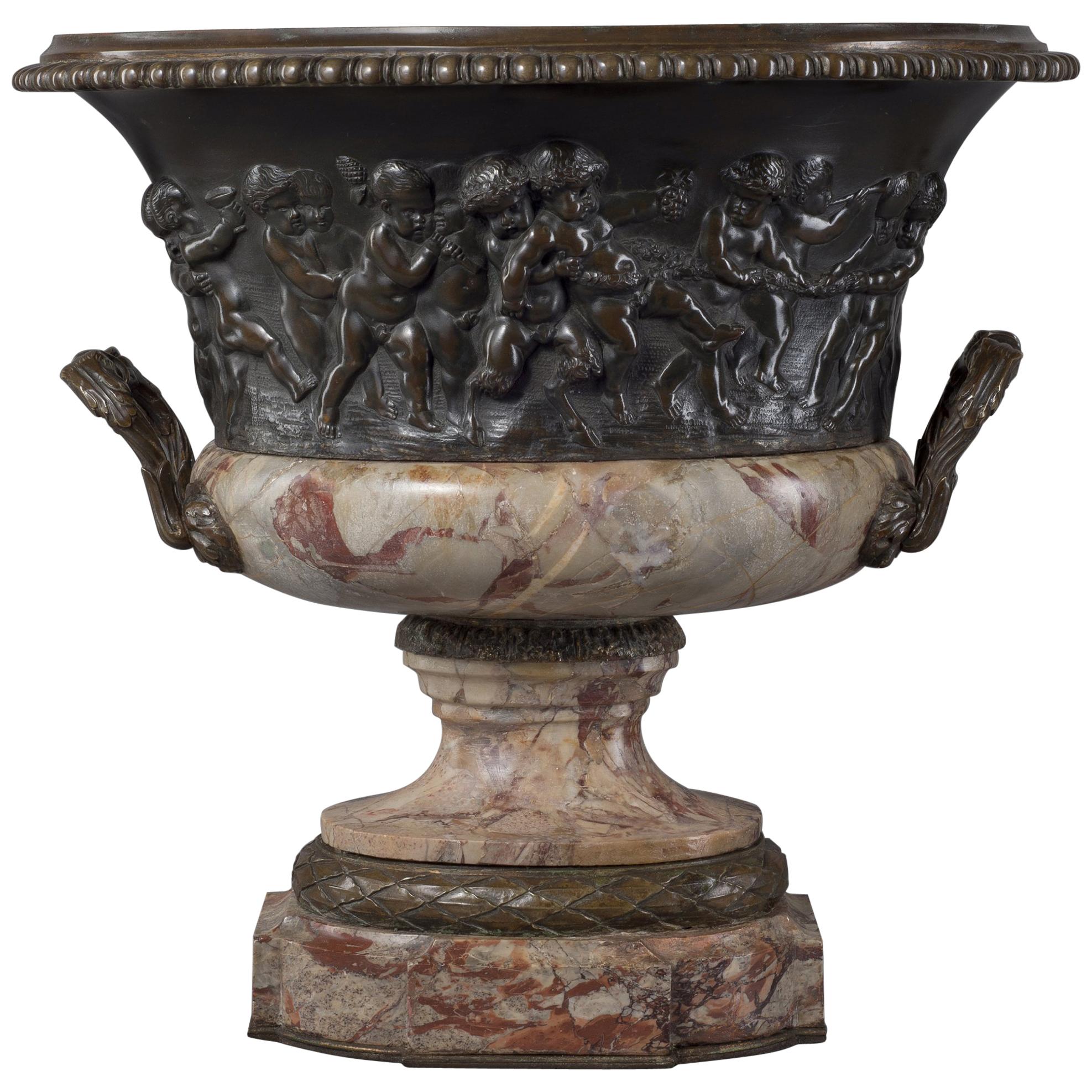 Louis XVI Style Patinated Bronze and Marble Jardinière after Clodion, circa 1870 For Sale