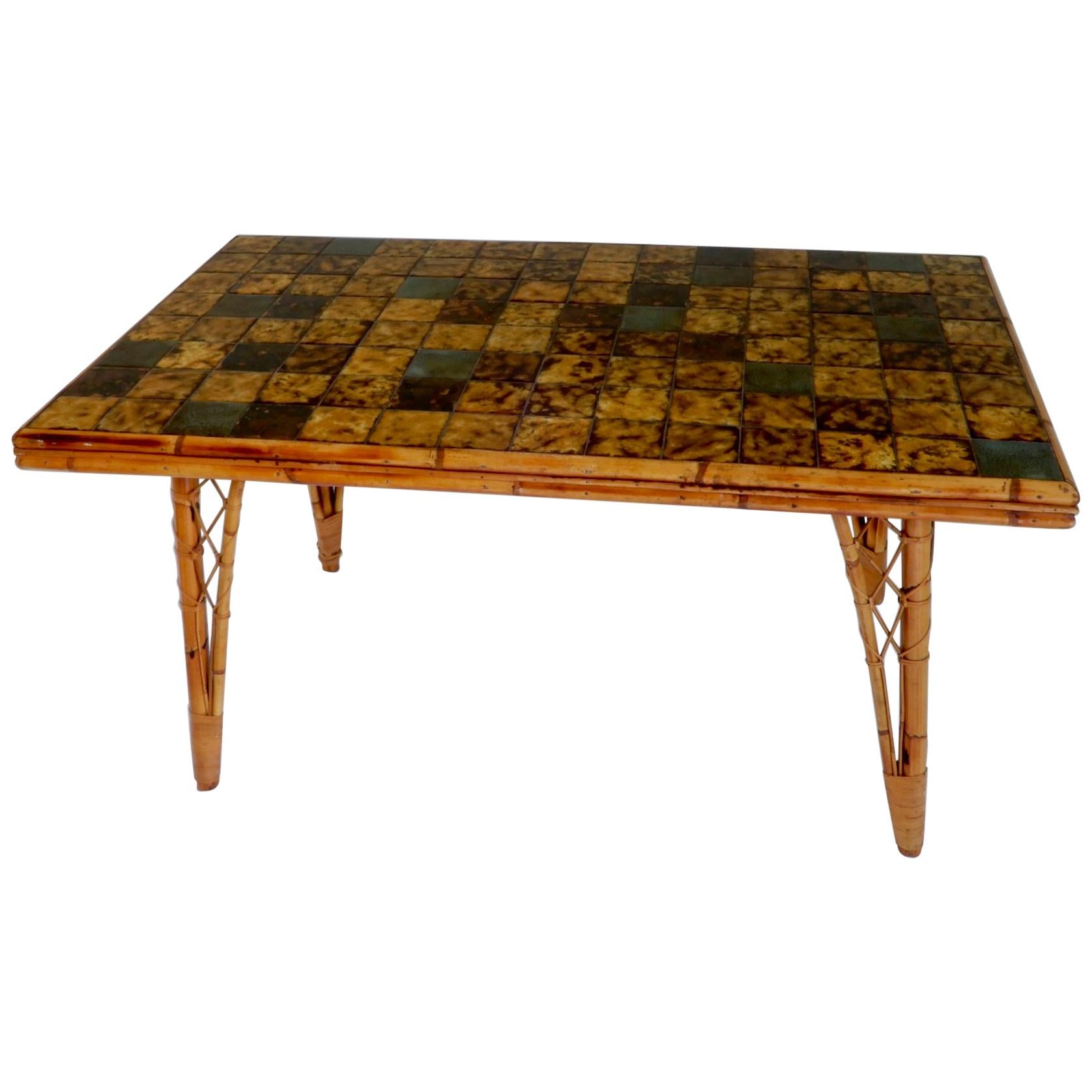 French Bamboo Dining Table with Ceramic Tile Top, 1950s For Sale