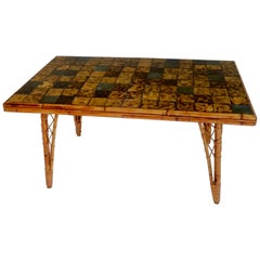 Vintage French Bamboo Dining Table with Ceramic Tile Top, 1950s