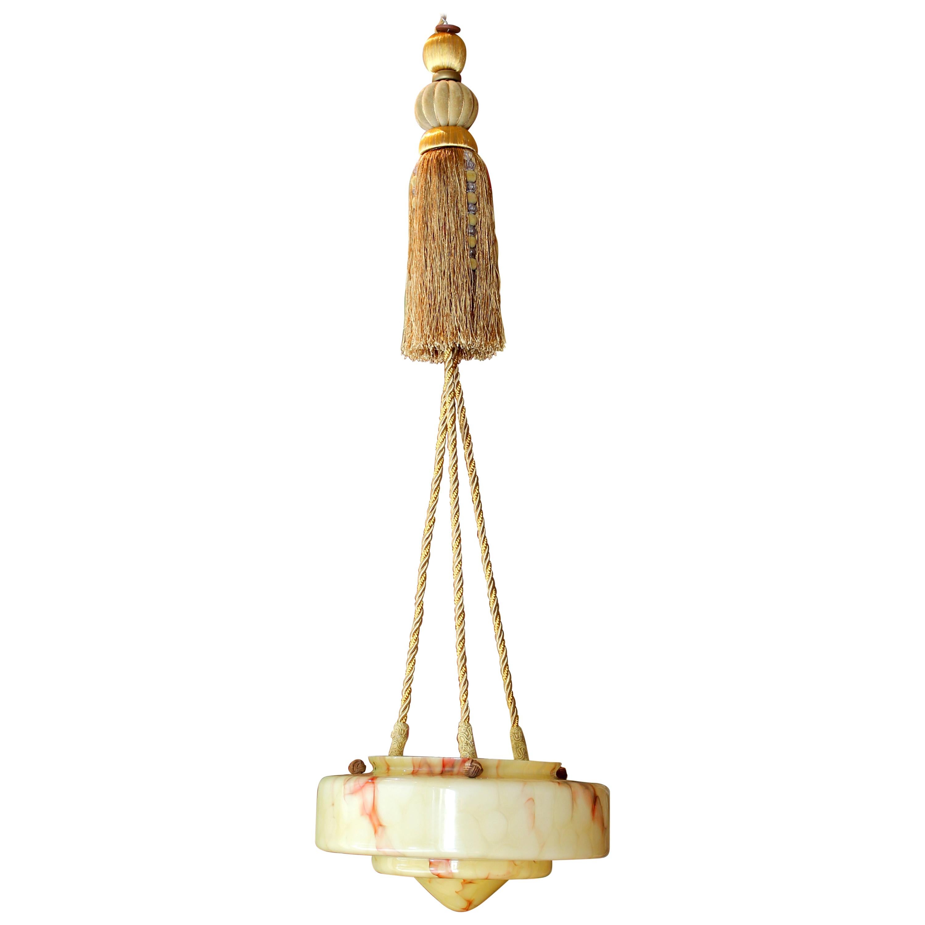 Italian Art Deco Amber Toned Murano Glass Faux Alabaster Rope Pendant Chandelier