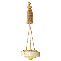 Vintage Italian Art Deco Amber Toned Murano Glass Faux Alabaster Rope Pendant Chandelier