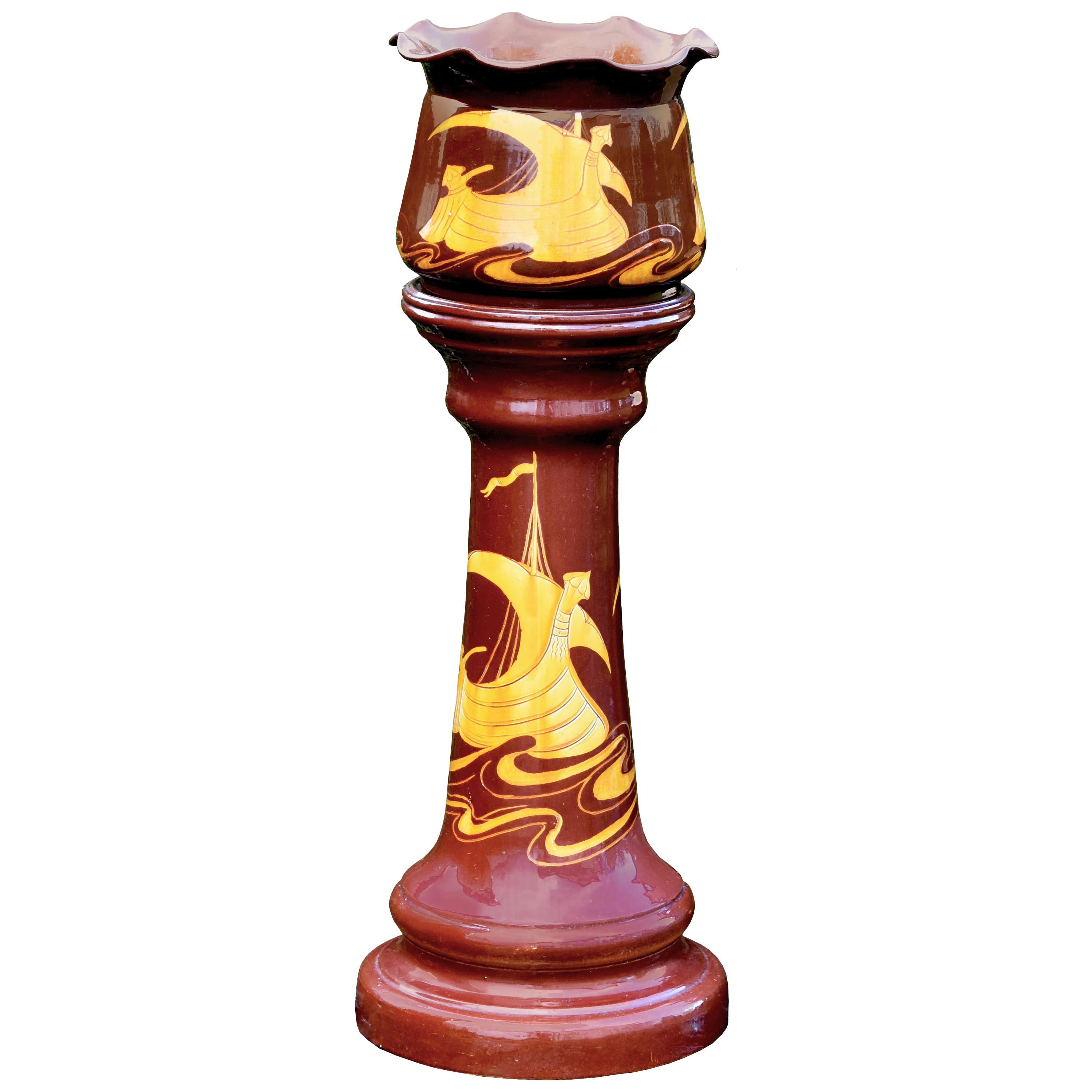 19th Century Arts & Craft Majolica Bretby Chocolate Brown Jardiniere & Pedestal For Sale