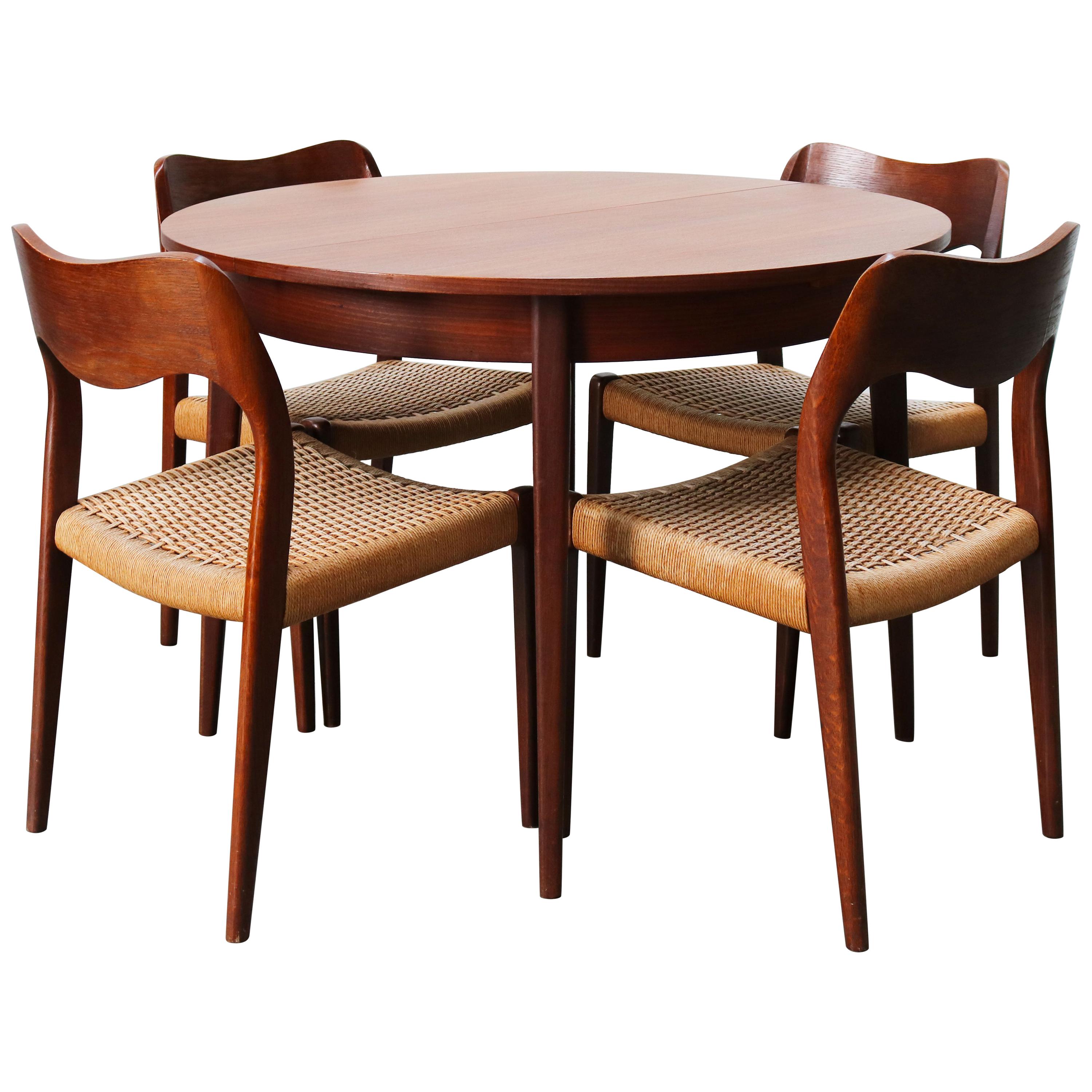 Danish Dining Room Set by Niels Otto Moller Model 76 Chairs Papercord Teak 1950s