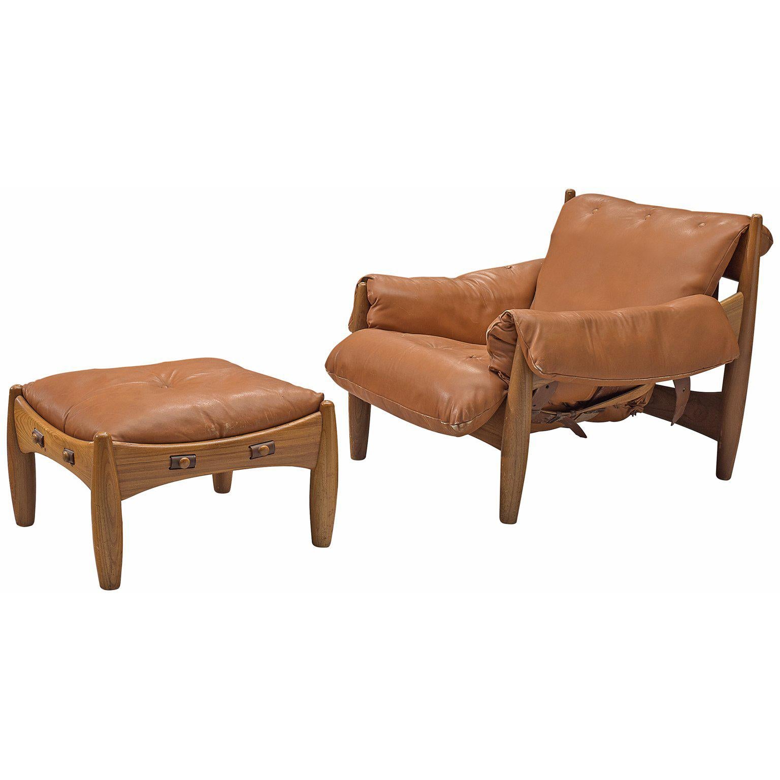 Sergio Rodrigues, 'Sheriff' Lounge Chair with Ottoman in Original Cognac Leather