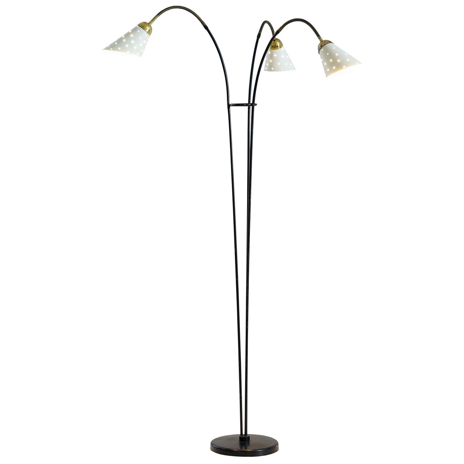 Italy Floor Lamp with White Shades Brass, 1950s