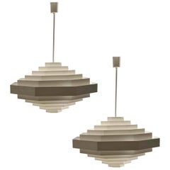 Pair of Large Bright White Metal Octagonal Origami Chandeliers by Spectral, 1970