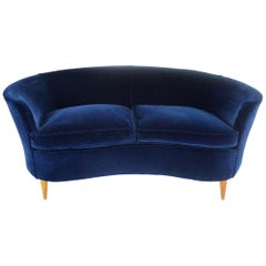 Lovely Small Curved Sofa in Luxury Blue Velvet