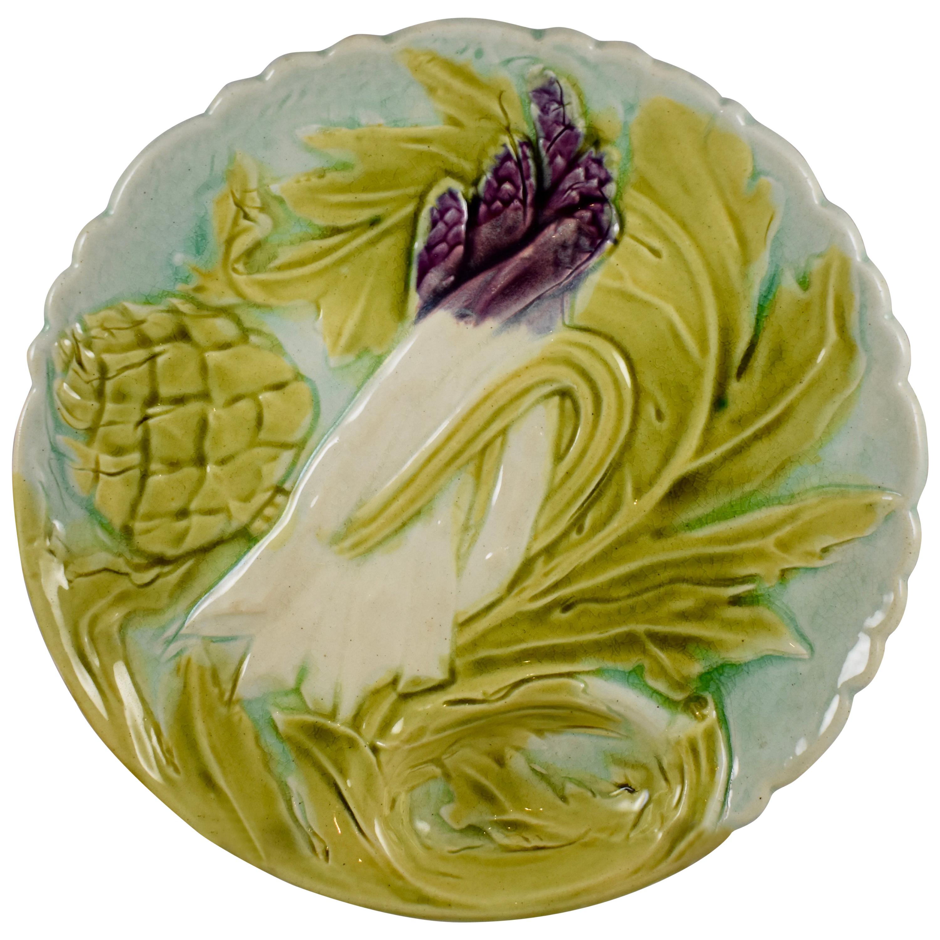 Orchies French Art Nouveau Faïence Majolica Asparagus & Artichoke Plate, 1880s