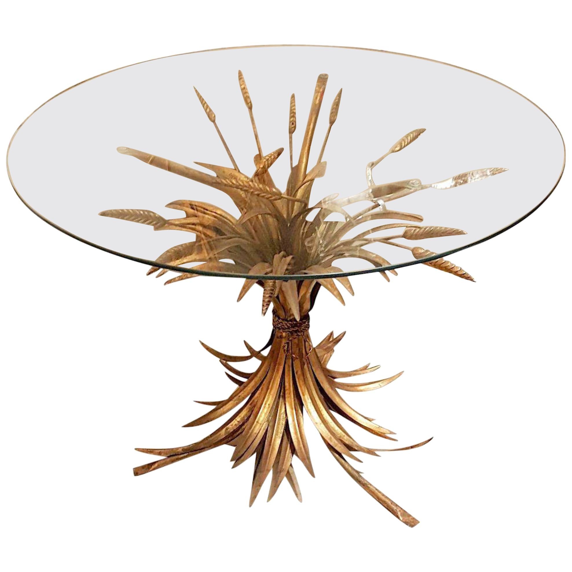French Mid-Century Modern Gilt Wheat Leaf Coffee/Side Table, Coco Chanel Style