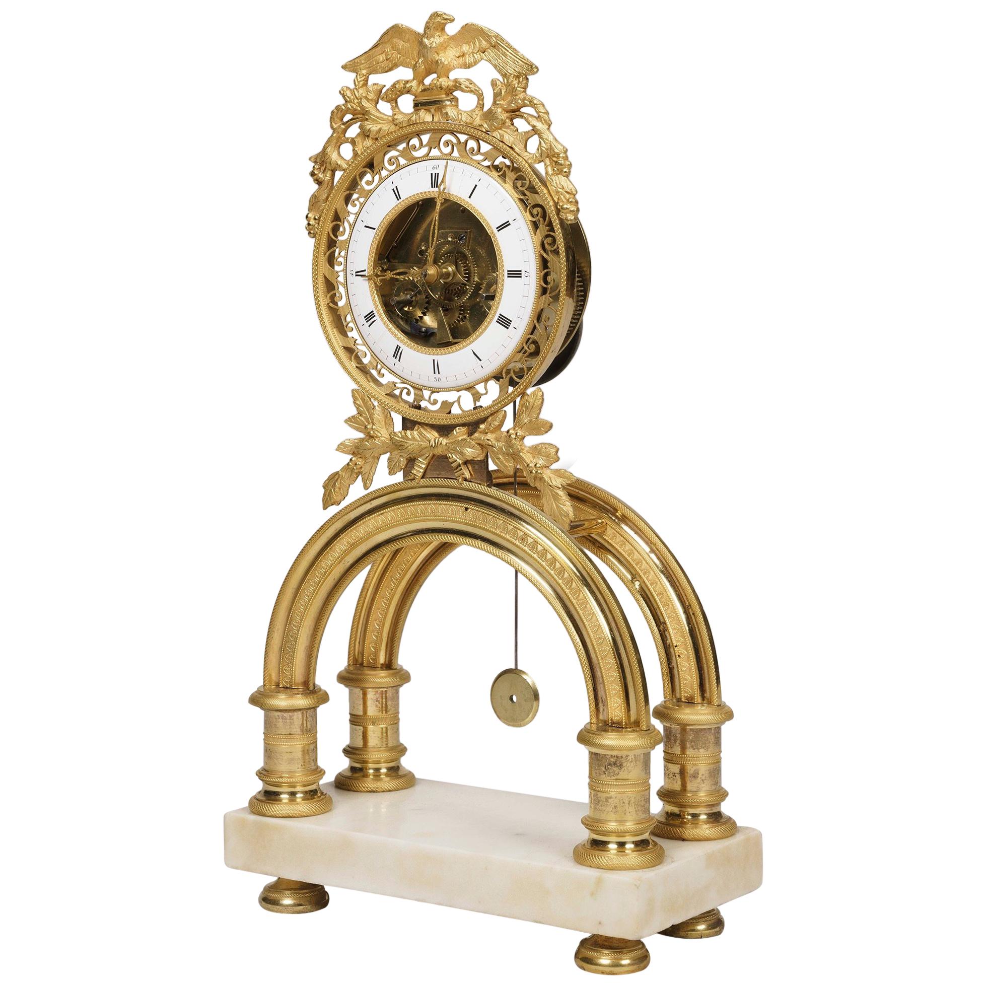 19th Century French Skeleton Clock of Ormolu and Marble from Directoire Period