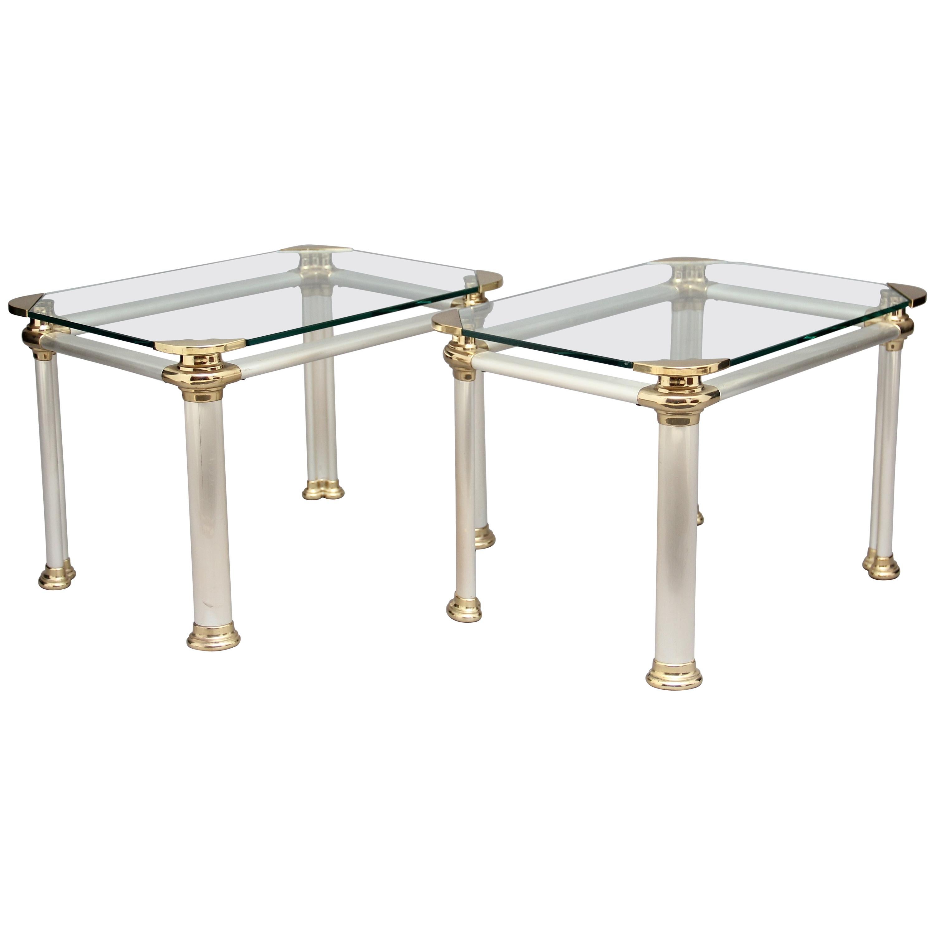 Pair of Brushed Steel, Brass and Glass Side Tables