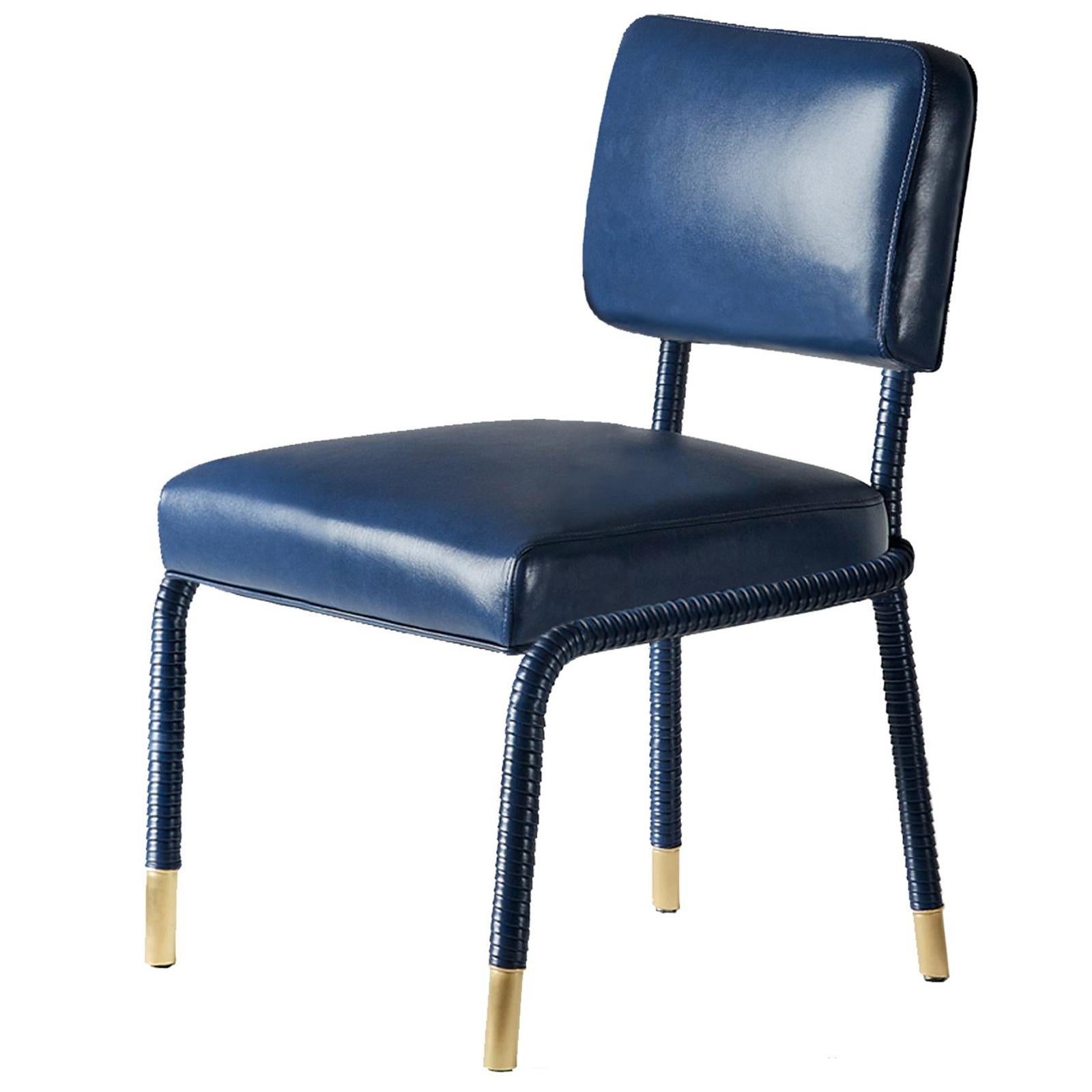 And Objects Easton Side Chair, Fully Wrapped Upholstered Leather in Navy