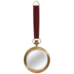 Vintage Continental Brass and Velvet Mirror in the Shape of a Pocket Watch, 20th Century