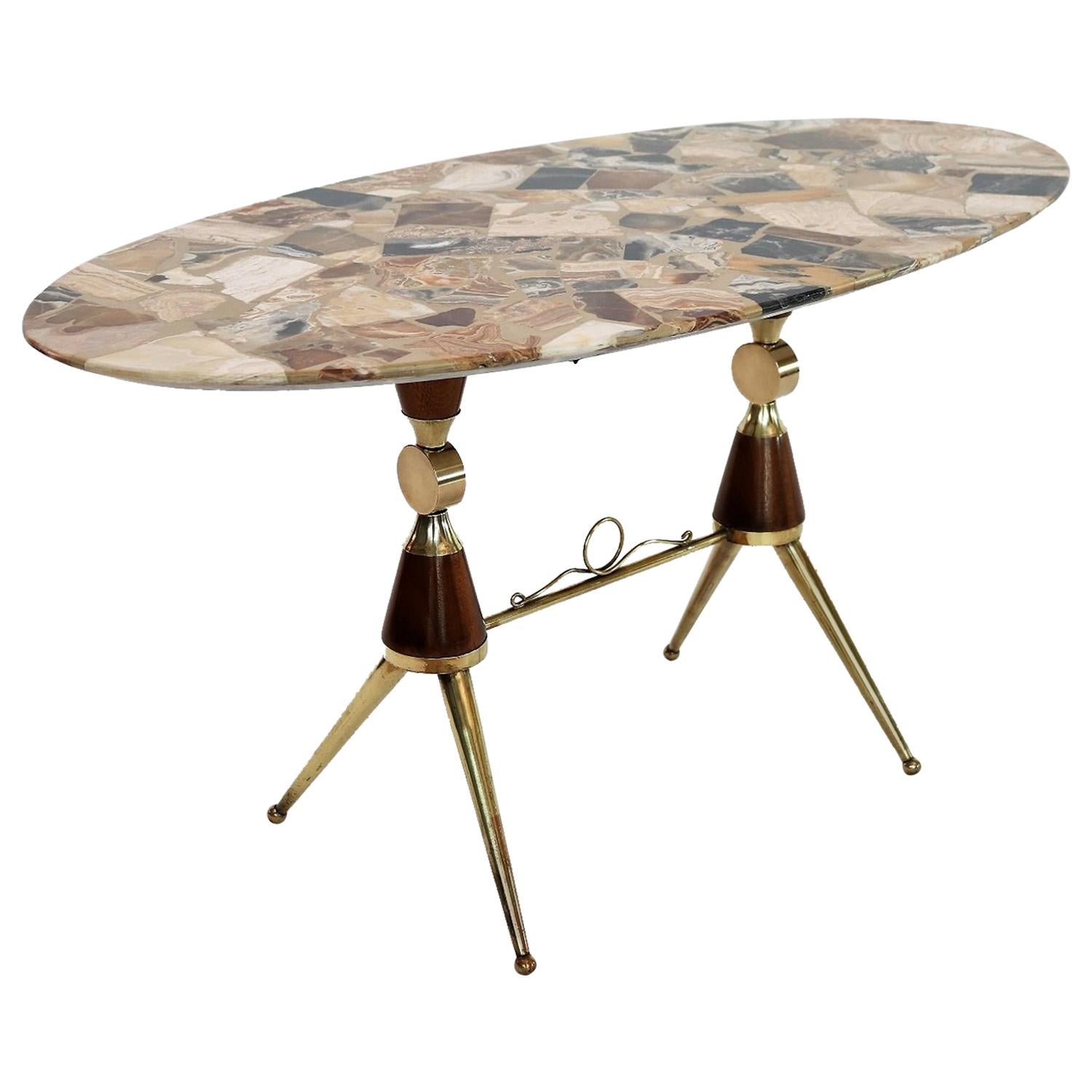 Italian Midcentury Coffee Table with Marble Mosaic, Brass and Mahogany, 1950s