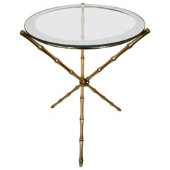French Maison Baguès Style Faux Bamboo Round Brass Tripod Side Table