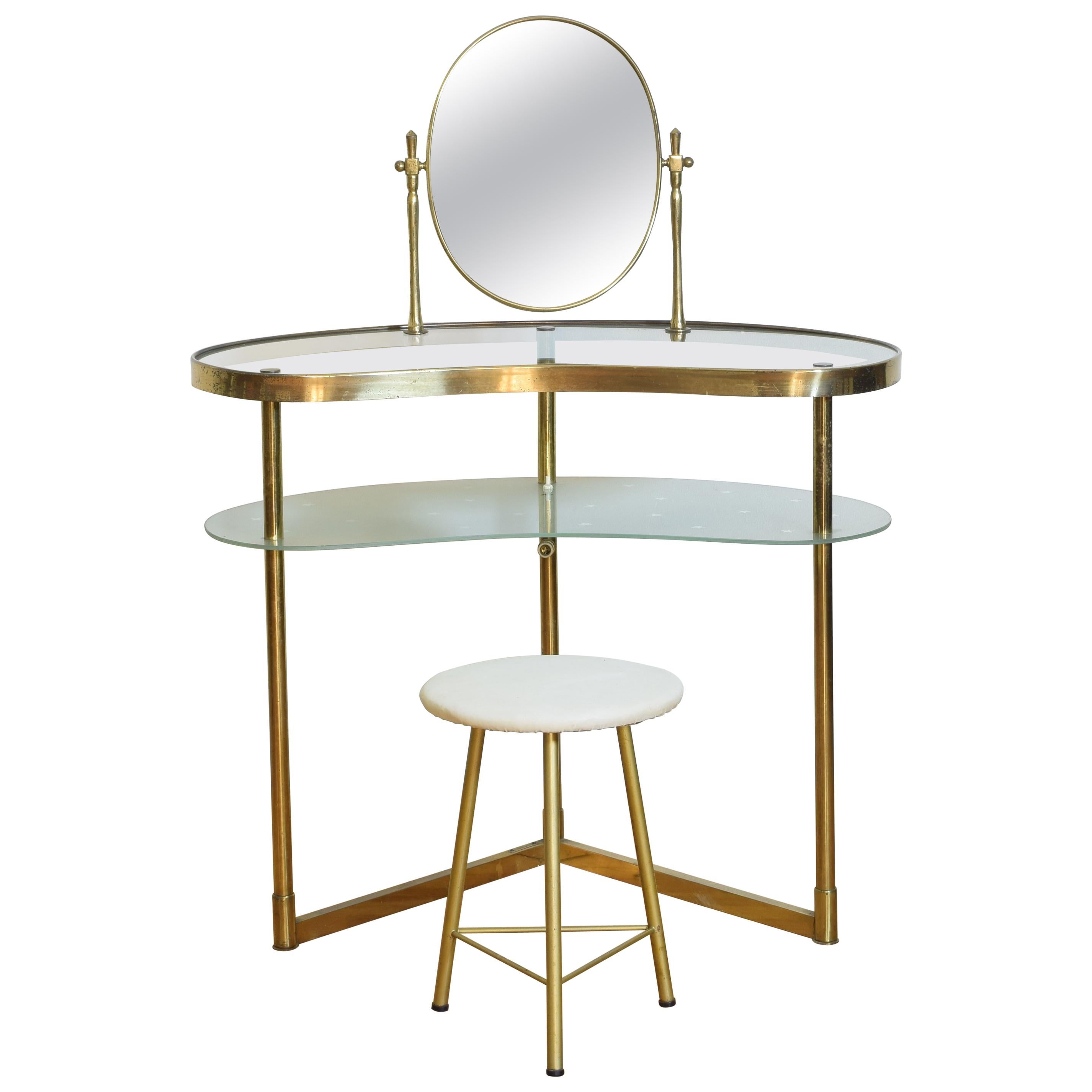 Italian MidCentury Modern Brass and Glass Vanity Table with Stool, with Label at 1stDibs