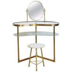 Vintage Italian Mid-Century Modern Brass and Glass Vanity Table with Stool, with Label