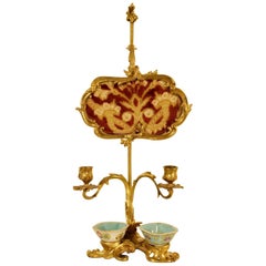 19th Century French Gilt Bronze Desk Candlestick with Cinese Ceramic Inkwell 