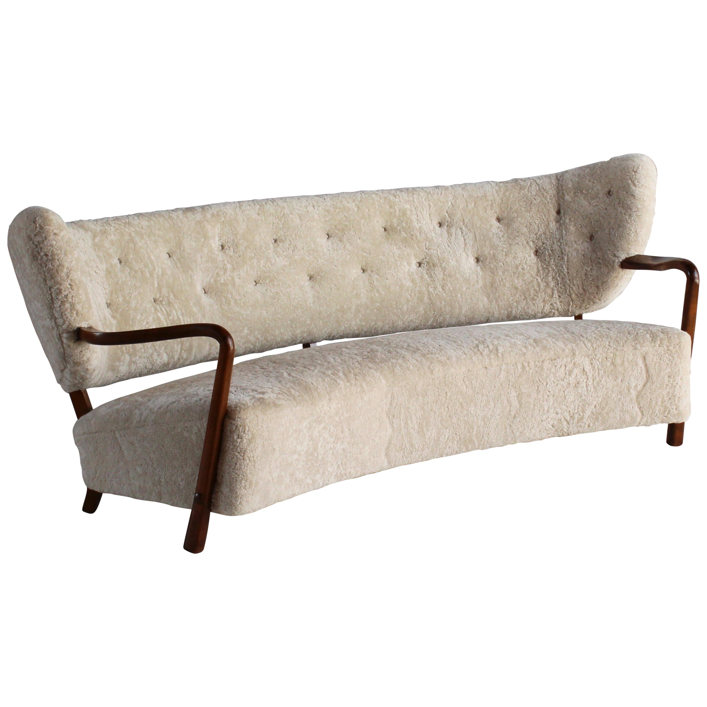 Viggo Boesen 'Attribution', Curved Modernist Sofa, Beech, Sheepskin, 1940s