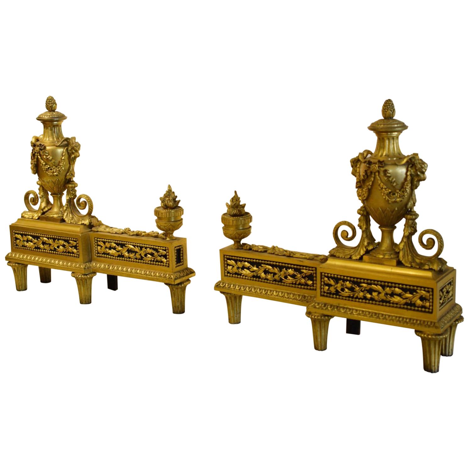 19Th Century, Pair of French Louis XVI style gilt bronze Fireplace Chenets