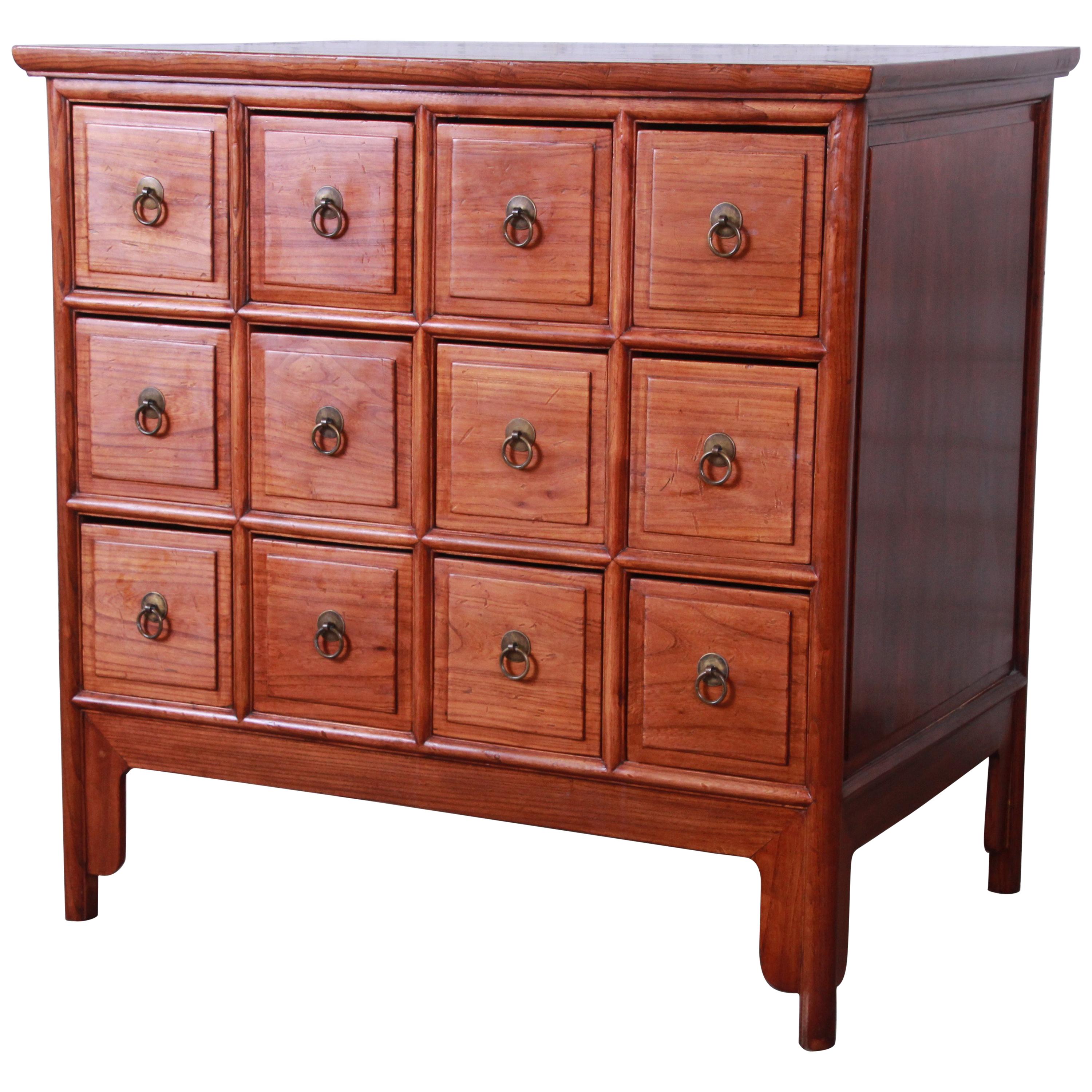 Midcentury Chinese Twelve-Drawer Elm Wood Apothecary Cabinet