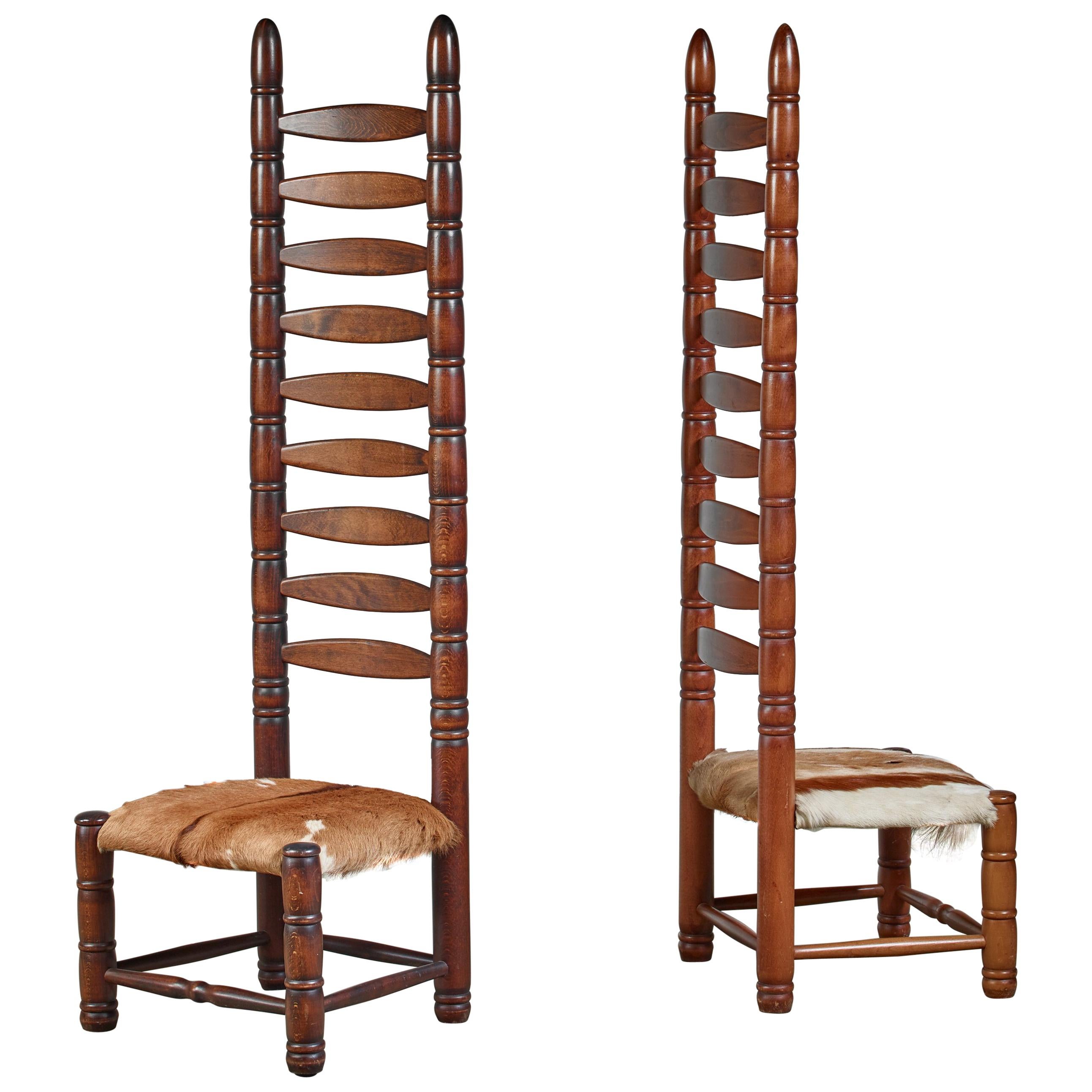 Pair of High Back Ladder Chairs with Goatskin Seating, 1960s